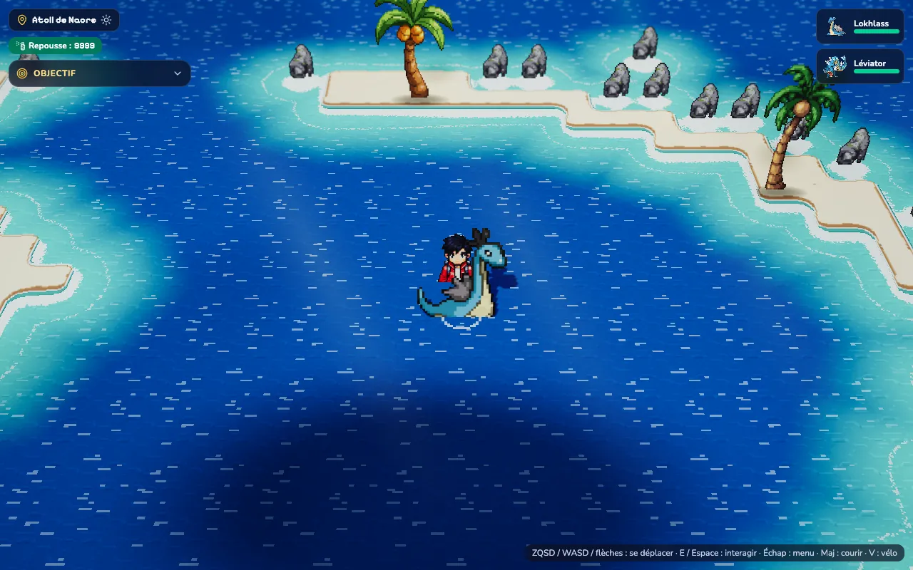 Le joueur surfe sur l'Atoll de Nacre, dans le monde en 2.5D du jeu